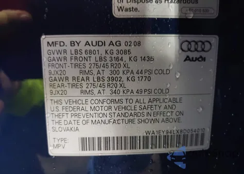 2008 Audi Q7 3.6 Premium z USA, uszkodzony, nr VIN WA1EY94LX8D054010